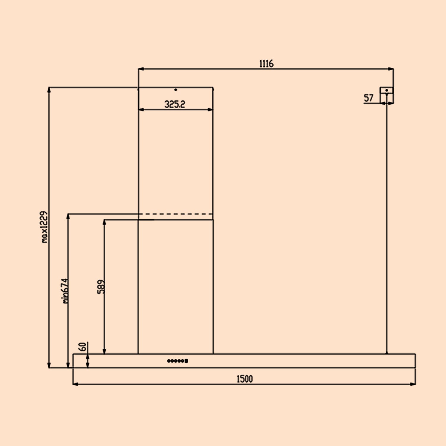 Limelight, digestor, 150 cm, nástenný, 600 m³/h, nehrdzavejúca oceľ 