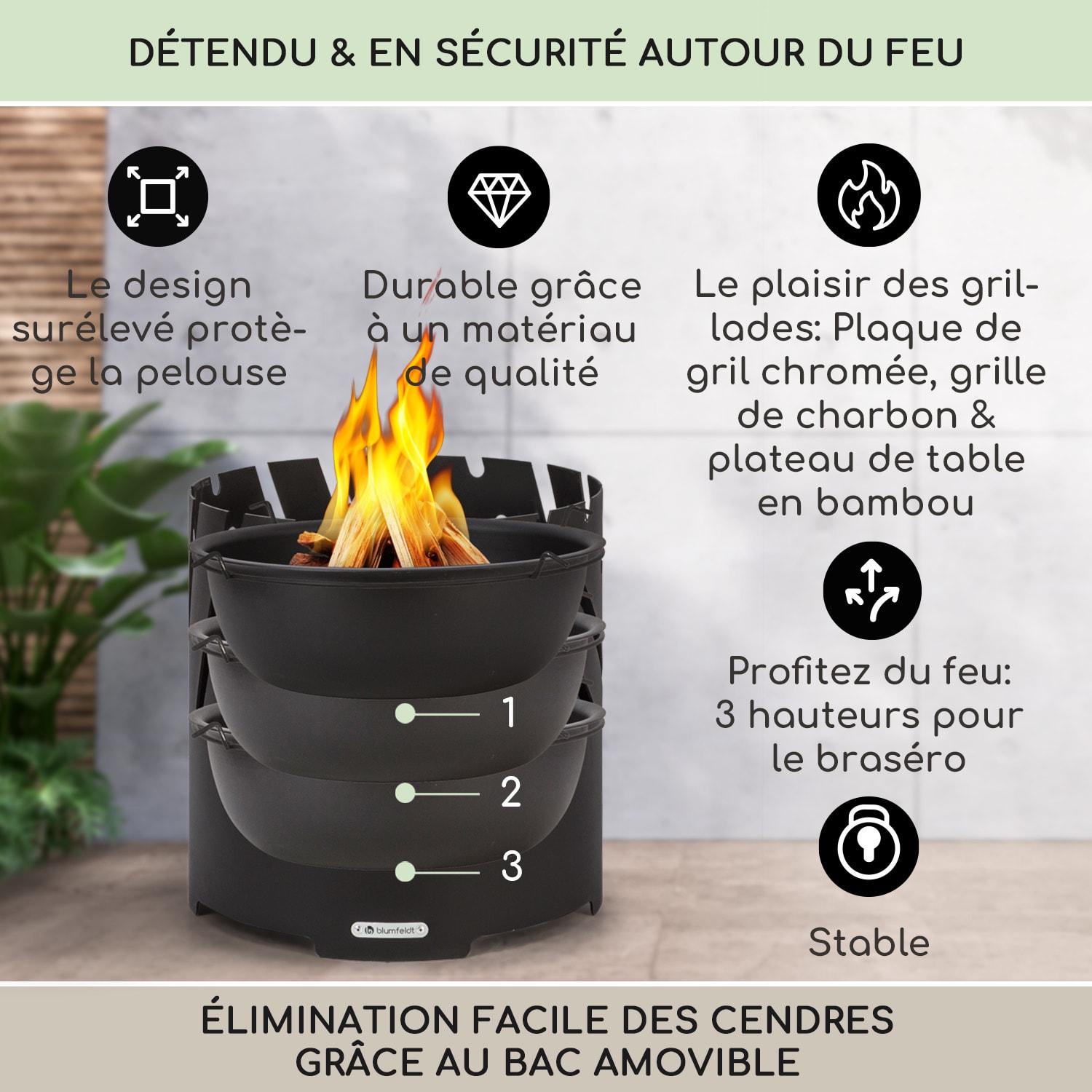 Crown 3-en-1 brasero Ø 46 cm résistant à l'eau et au gel, plaque de cuisson, grille, plateau en bambou Noir