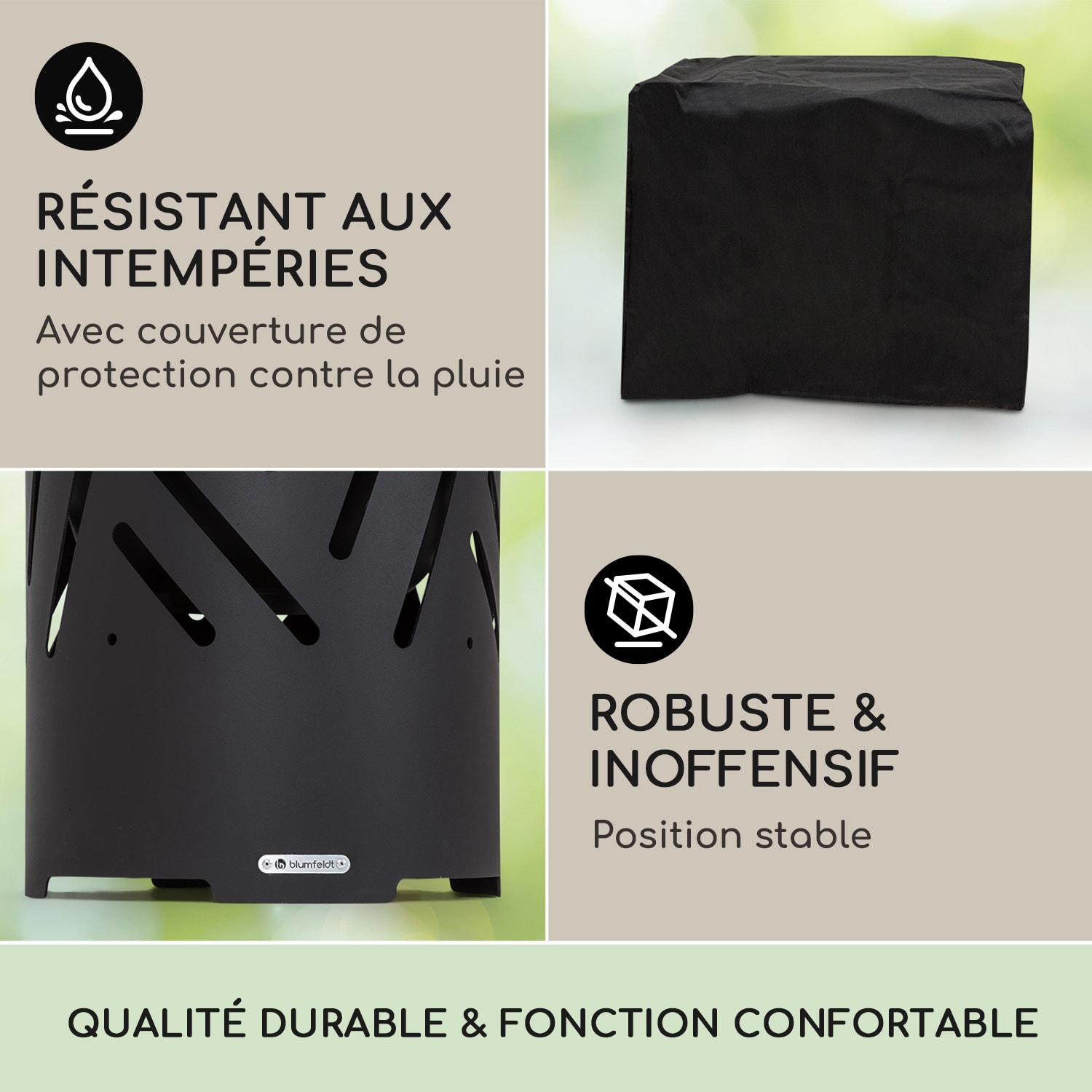 Crown 3-en-1 brasero Ø 46 cm résistant à l'eau et au gel, plaque de cuisson, grille, plateau en bambou Noir