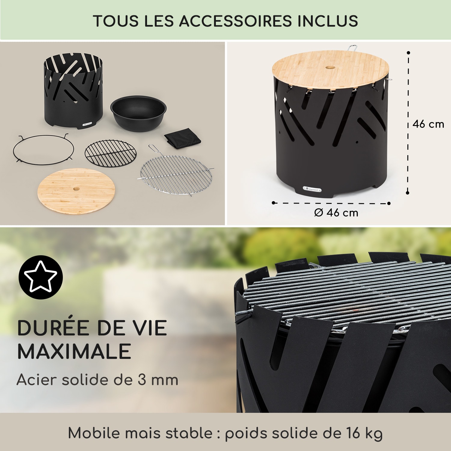 Crown 3-en-1 brasero Ø 46 cm résistant à l'eau et au gel, plaque de cuisson, grille, plateau en bambou Noir