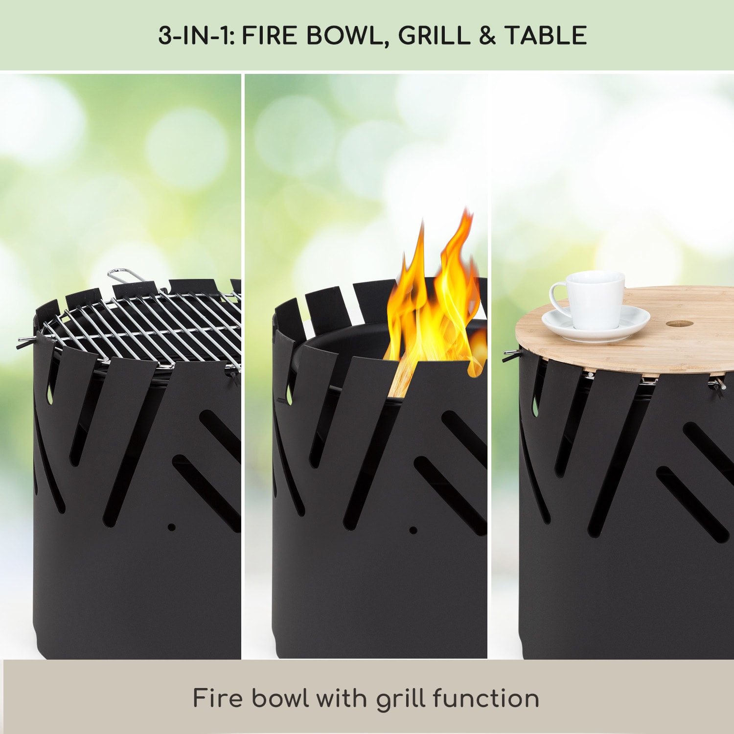 Crown 3 в 1, огнище, Ø 46 см, водо- и мразоустойчиво, плоча за грил, скара за грил, бамбукова плоча Черно