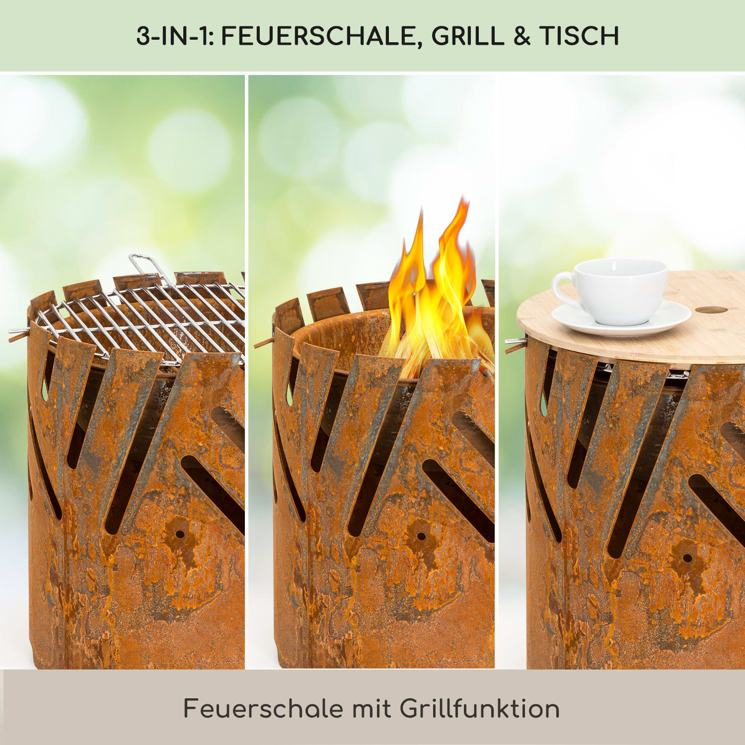 Crown 3-in-1 Feuerschale Ø 46 cm wasser- und frostfest Grillplatte Grillrost Bambusplatte Rost