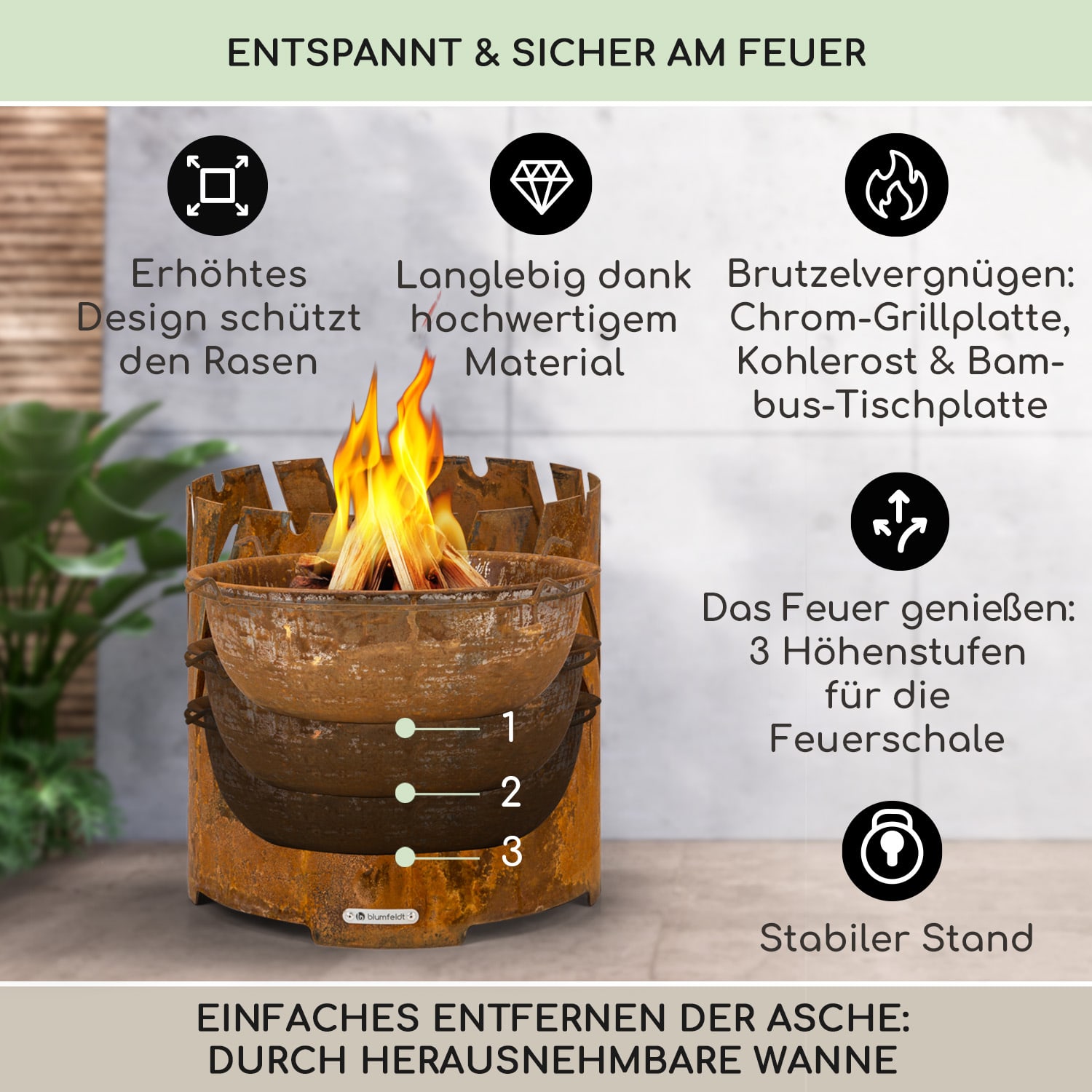 Crown 3-in-1 Feuerschale Ø 46 cm wasser- und frostfest Grillplatte Grillrost Bambusplatte Rost