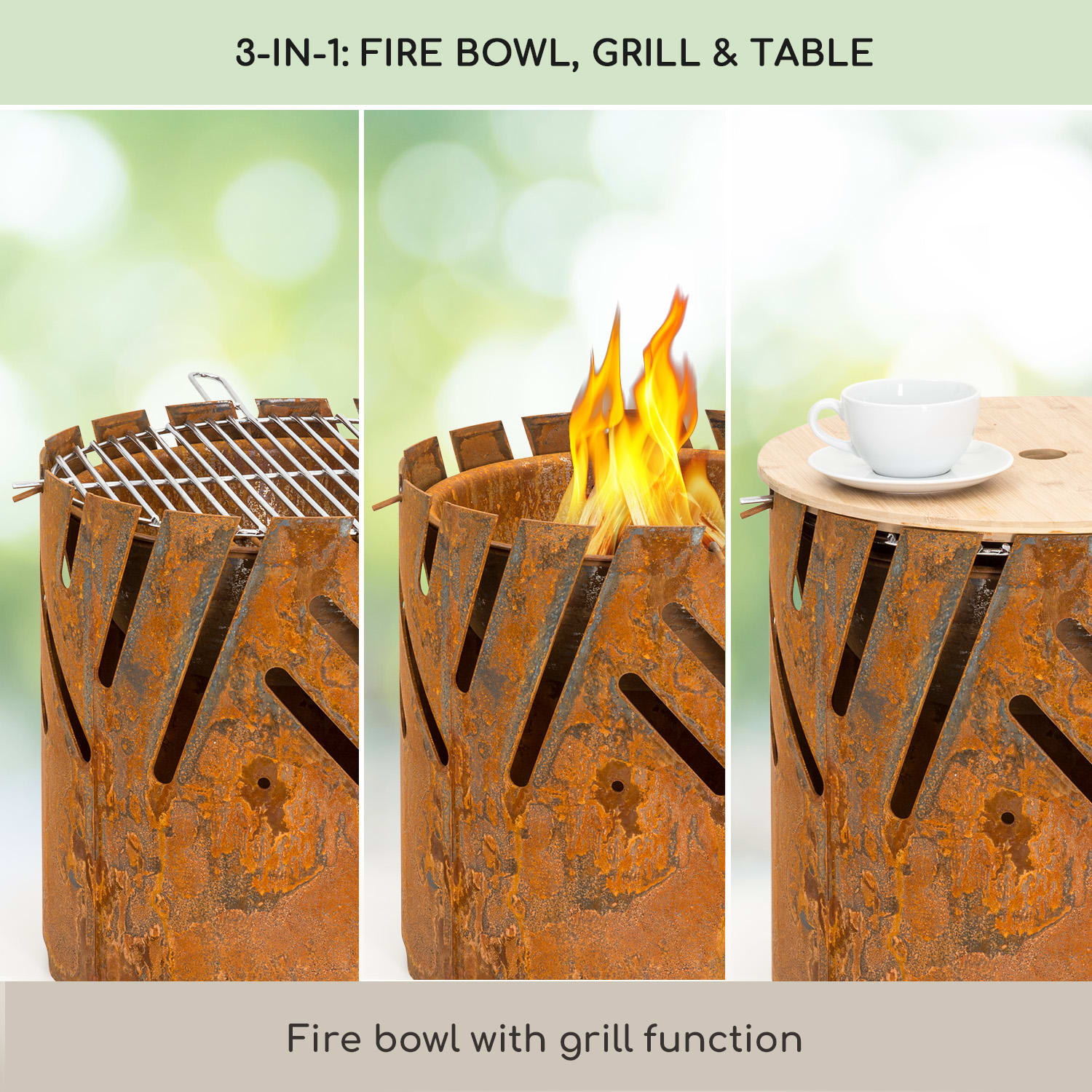 Crown, palenisko ogrodowe 3 w 1, Ø 46 cm, wodoodporne i mrozoodporne, płyta grillowa, ruszt grillowy, bambusowy blat Rdza