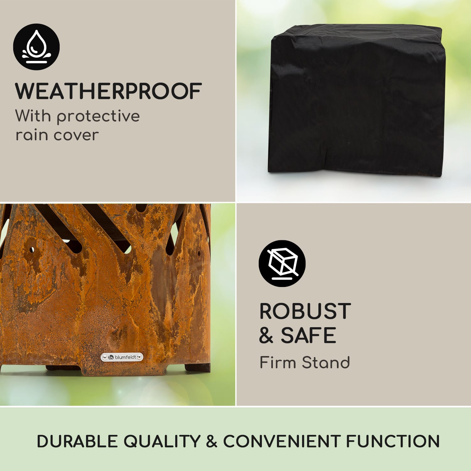 Crown, palenisko ogrodowe 3 w 1, Ø 46 cm, wodoodporne i mrozoodporne, płyta grillowa, ruszt grillowy, bambusowy blat Rdza