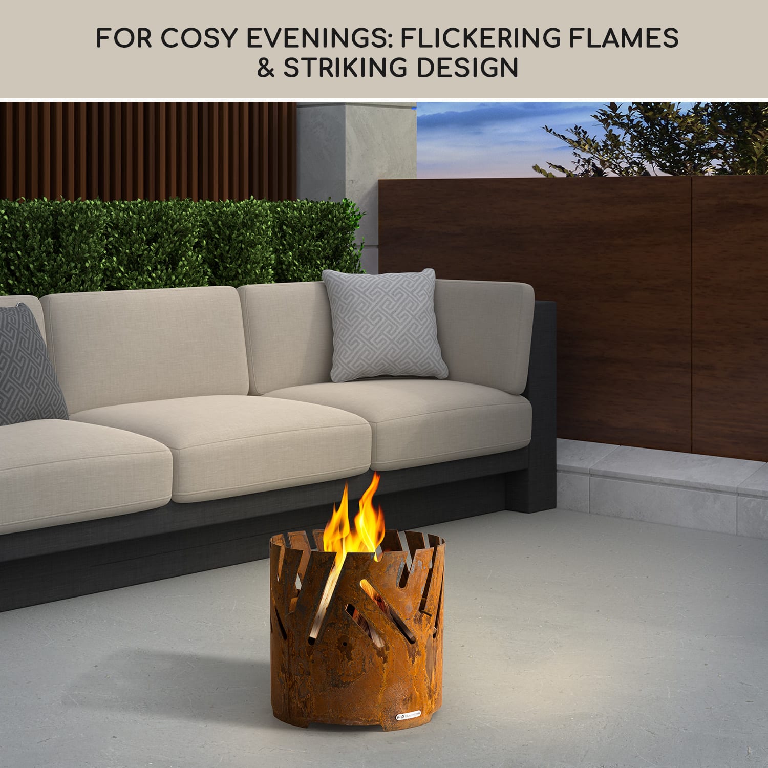 Crown, palenisko ogrodowe 3 w 1, Ø 46 cm, wodoodporne i mrozoodporne, płyta grillowa, ruszt grillowy, bambusowy blat Rdza