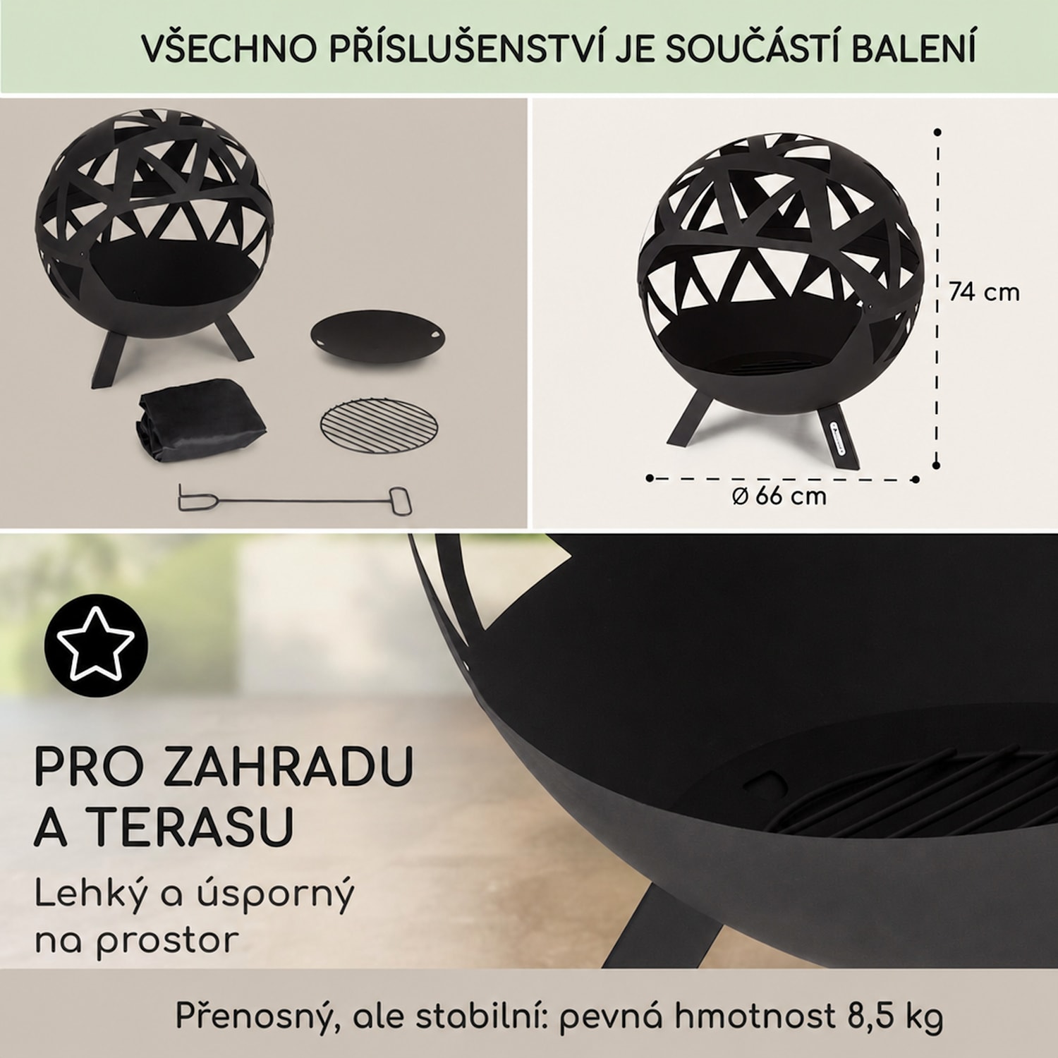 Colima, ohniště, Ø 66 cm, kulovité, rošt na dřevěné uhlí, popelník Černá
