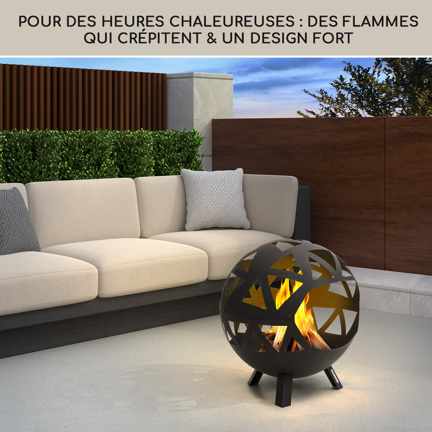 Colima brasero Ø 66 cm forme sphérique avec grille à charbon de bois et cendrier géométrique Noir