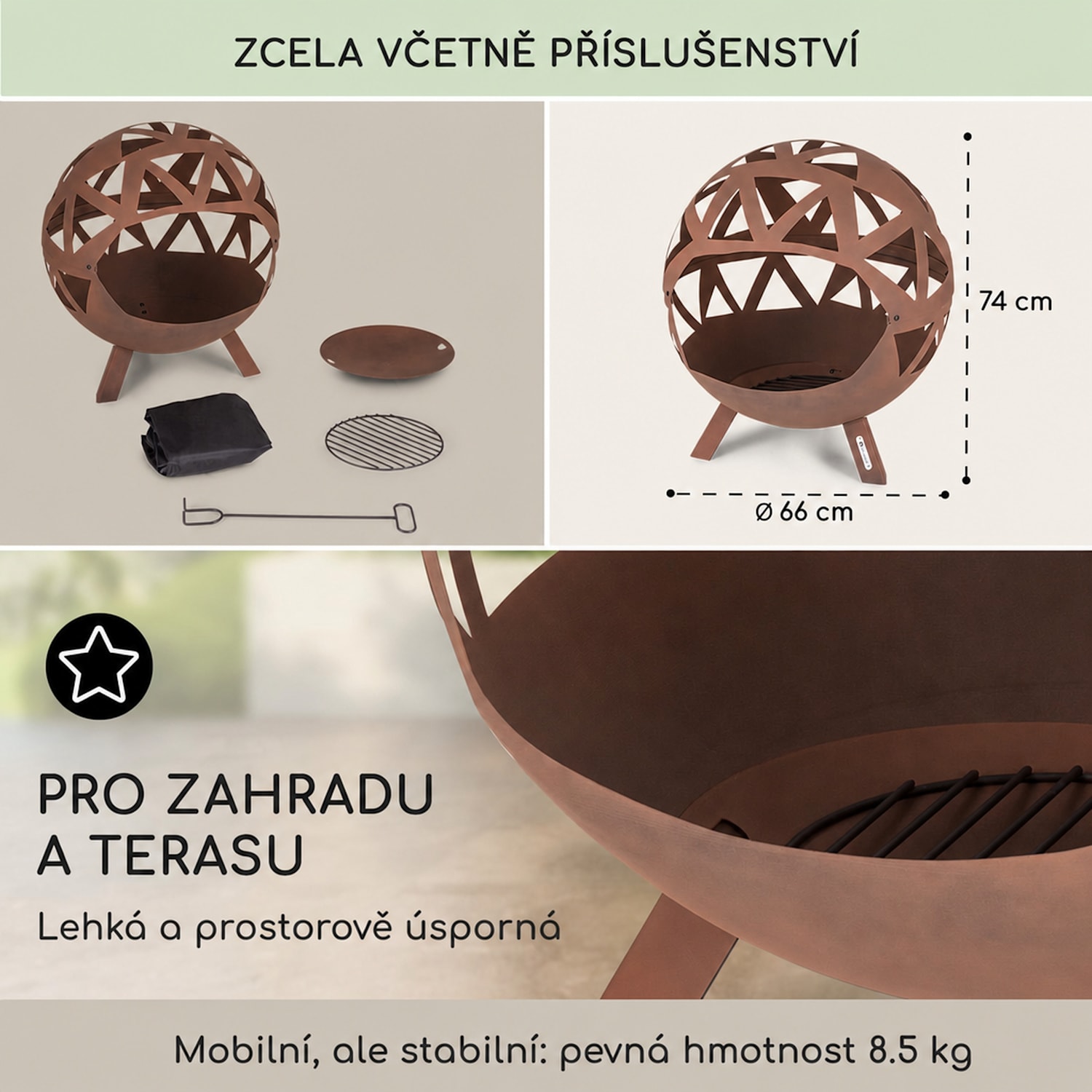 Colima, ohniště, Ø 66 cm, kulovité, rošt na dřevěné uhlí, popelník Rez