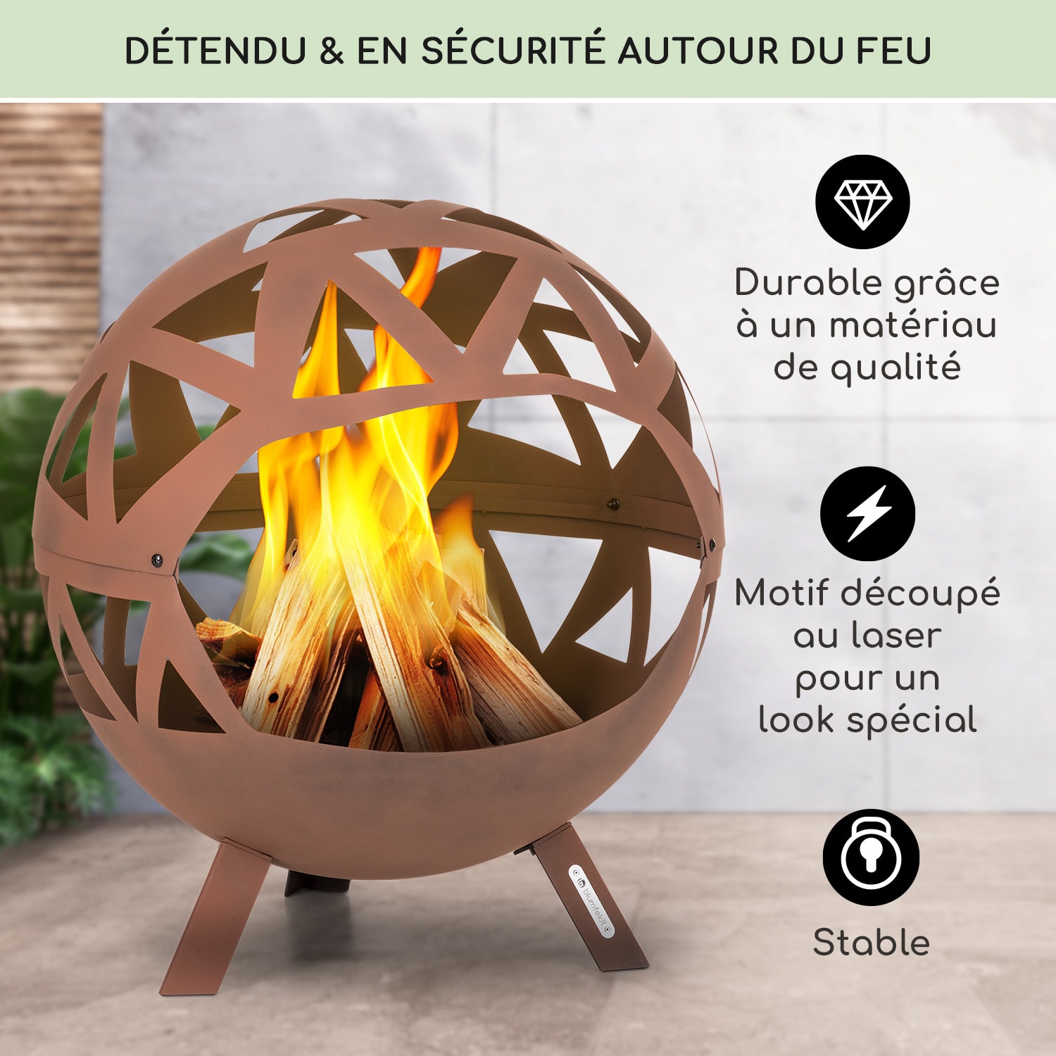 Colima brasero Ø 66 cm forme sphérique avec grille à charbon de bois et cendrier géométrique Rouille