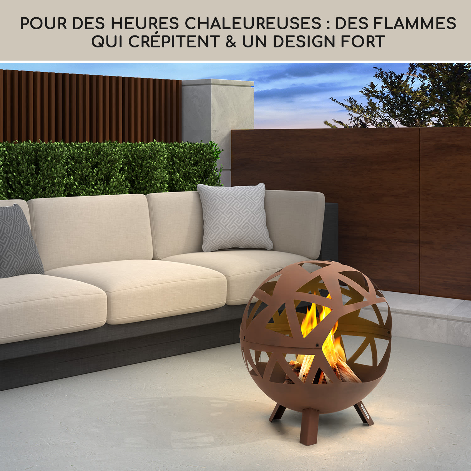 Colima brasero Ø 66 cm forme sphérique avec grille à charbon de bois et cendrier géométrique Rouille