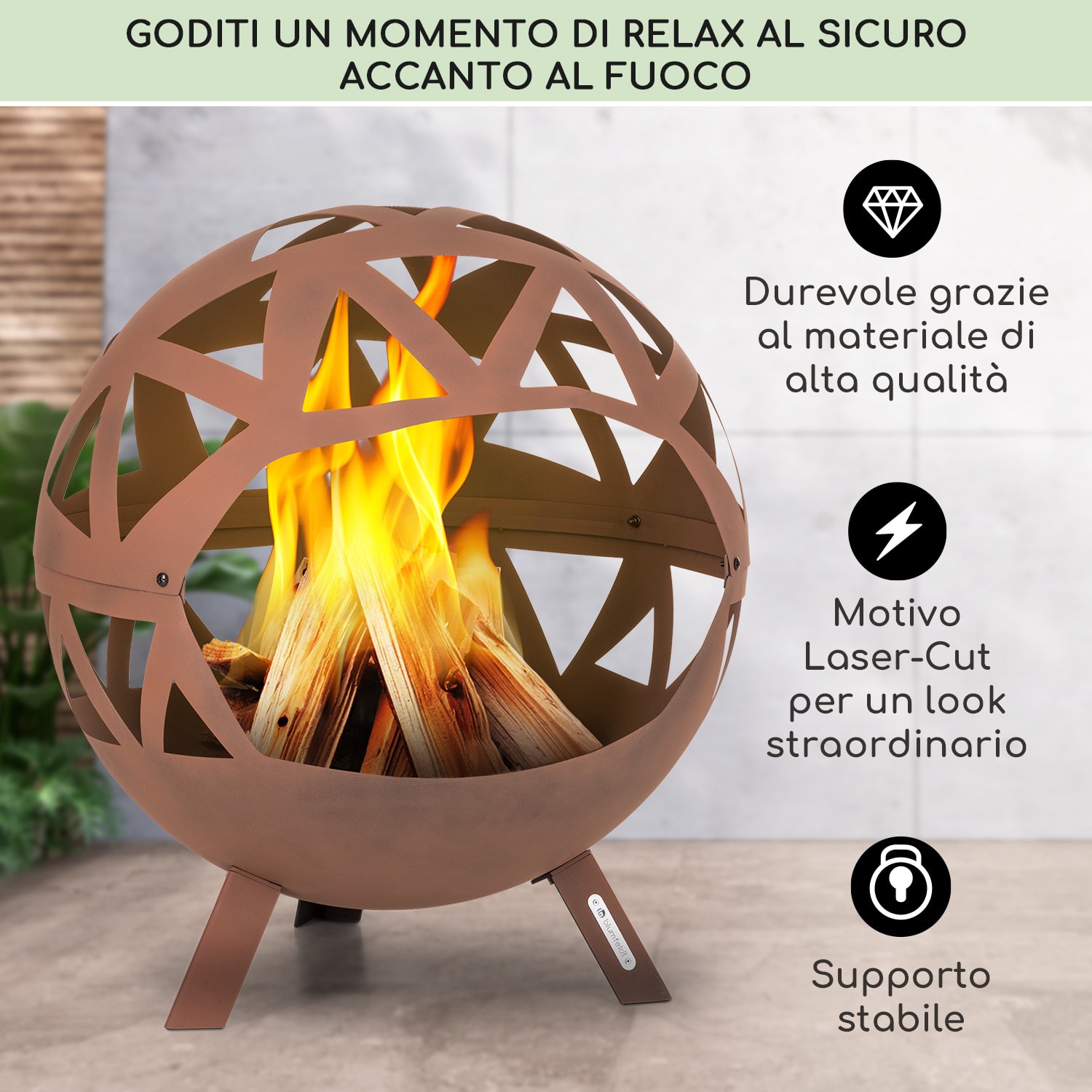 Colima braciere Ø 66 cm forma sferica con griglia per carbone e vaschetta per cenere geometrica Ruggine