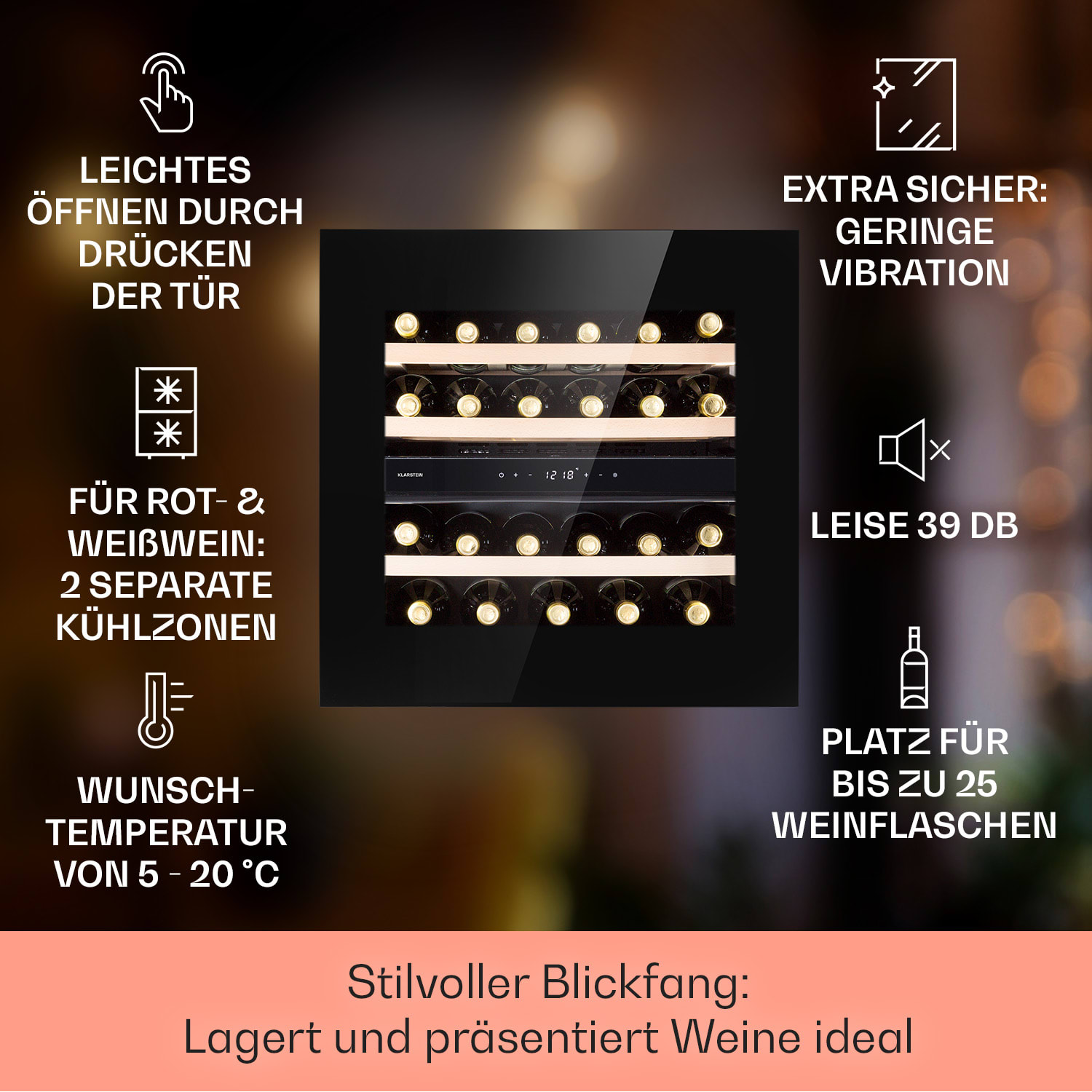 Rhone 25 Duo Weinkühlschrank Kompression 2 Zonen 75 Ltr / 25 Flaschen 25 Flaschen | 2 Kühlzonen | Schwarz