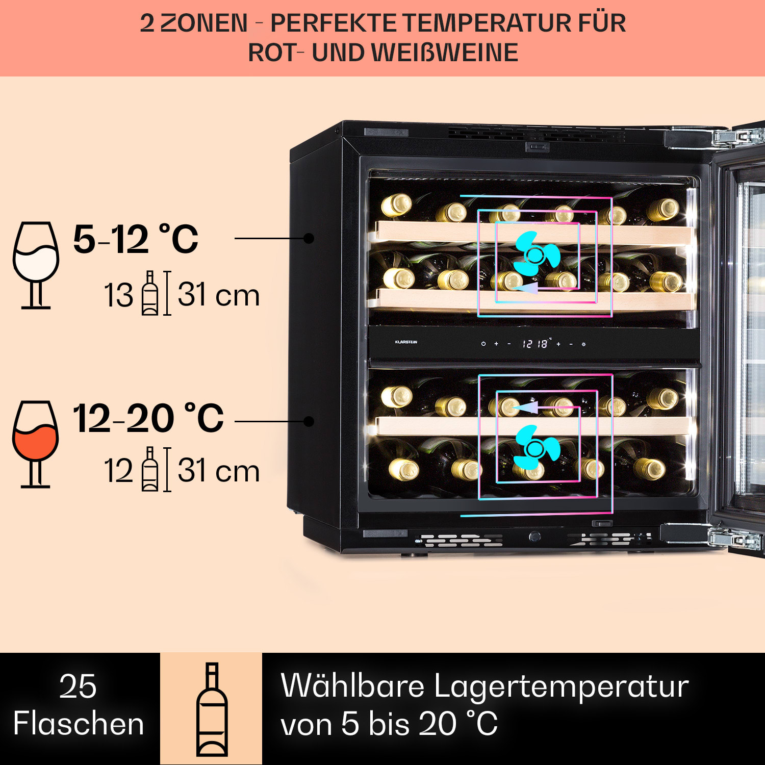 Rhone 25 Duo Weinkühlschrank Kompression 2 Zonen 75 Ltr / 25 Flaschen 25 Flaschen | 2 Kühlzonen | Schwarz