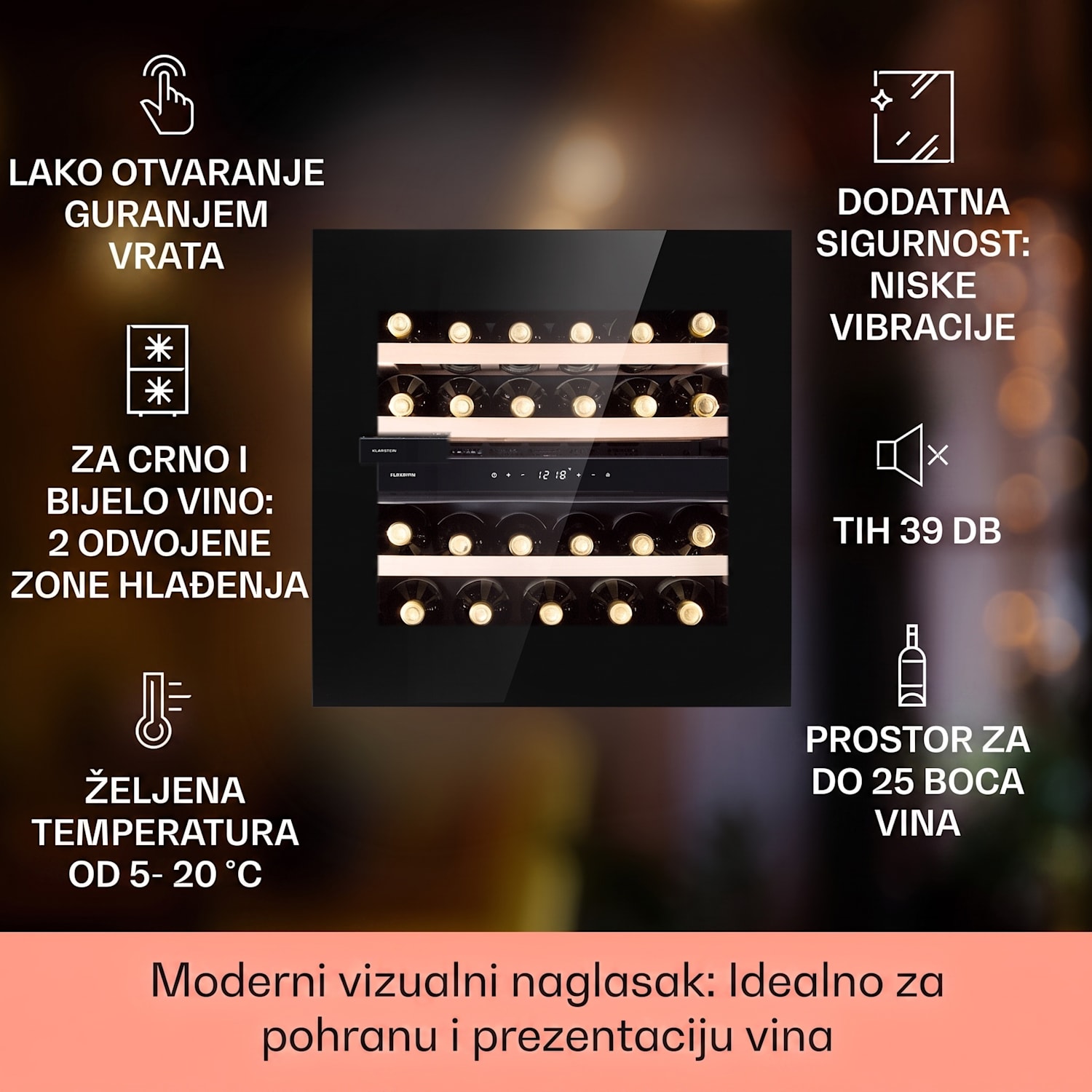 Rhône 25 Duo, hladnjak za vino, kompresijsko hlađenje, 2 zone, 75 litara / 25 boca 25 boca | 2 | Crna