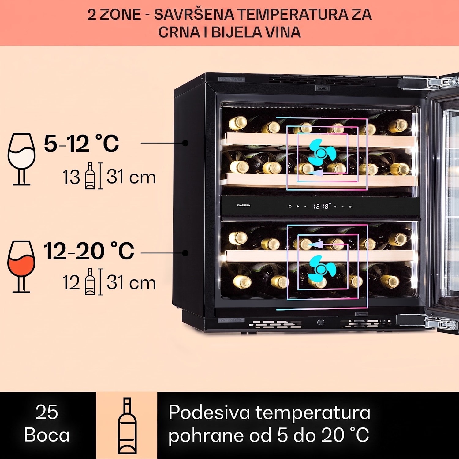 Rhône 25 Duo, hladnjak za vino, kompresijsko hlađenje, 2 zone, 75 litara / 25 boca 25 boca | 2 | Crna