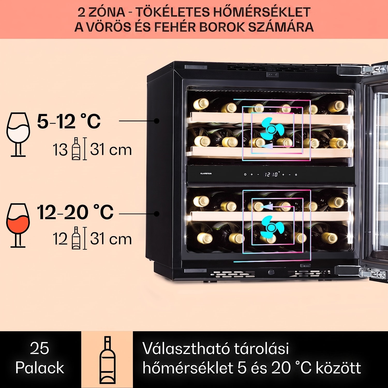 Rhône 25 Duo, borhűtő, 75 liter, 25 palack, 2 zóna, kompressziós hűtés 25 palack | 2 hűtőzóna | Fekete