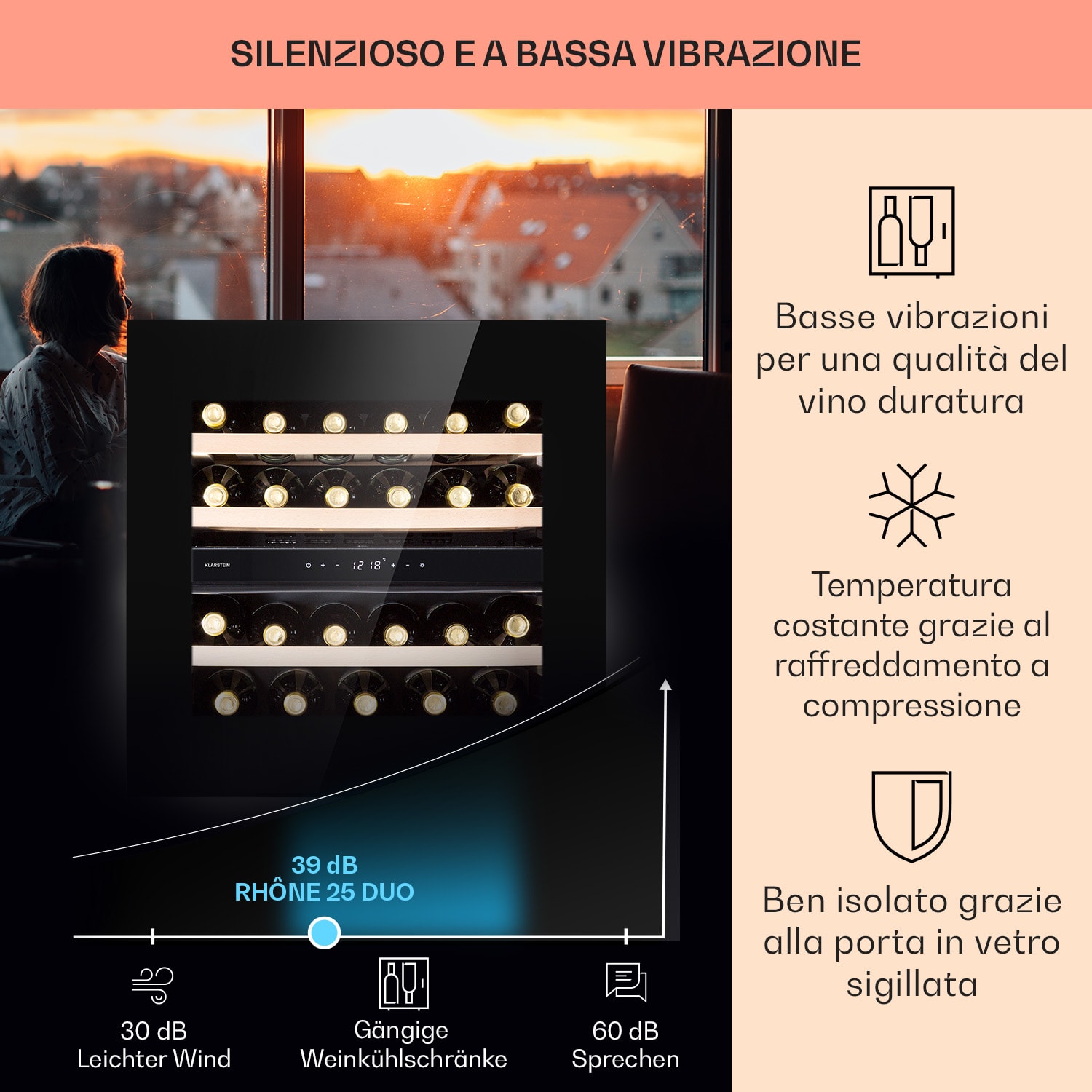 Rhône 25 Duo - Frigorifero per vini, raffreddamento a compressione, 2 zone, 75 litri/25 bottiglie 25 bottiglie | 2 zone di raffreddamento | Nero
