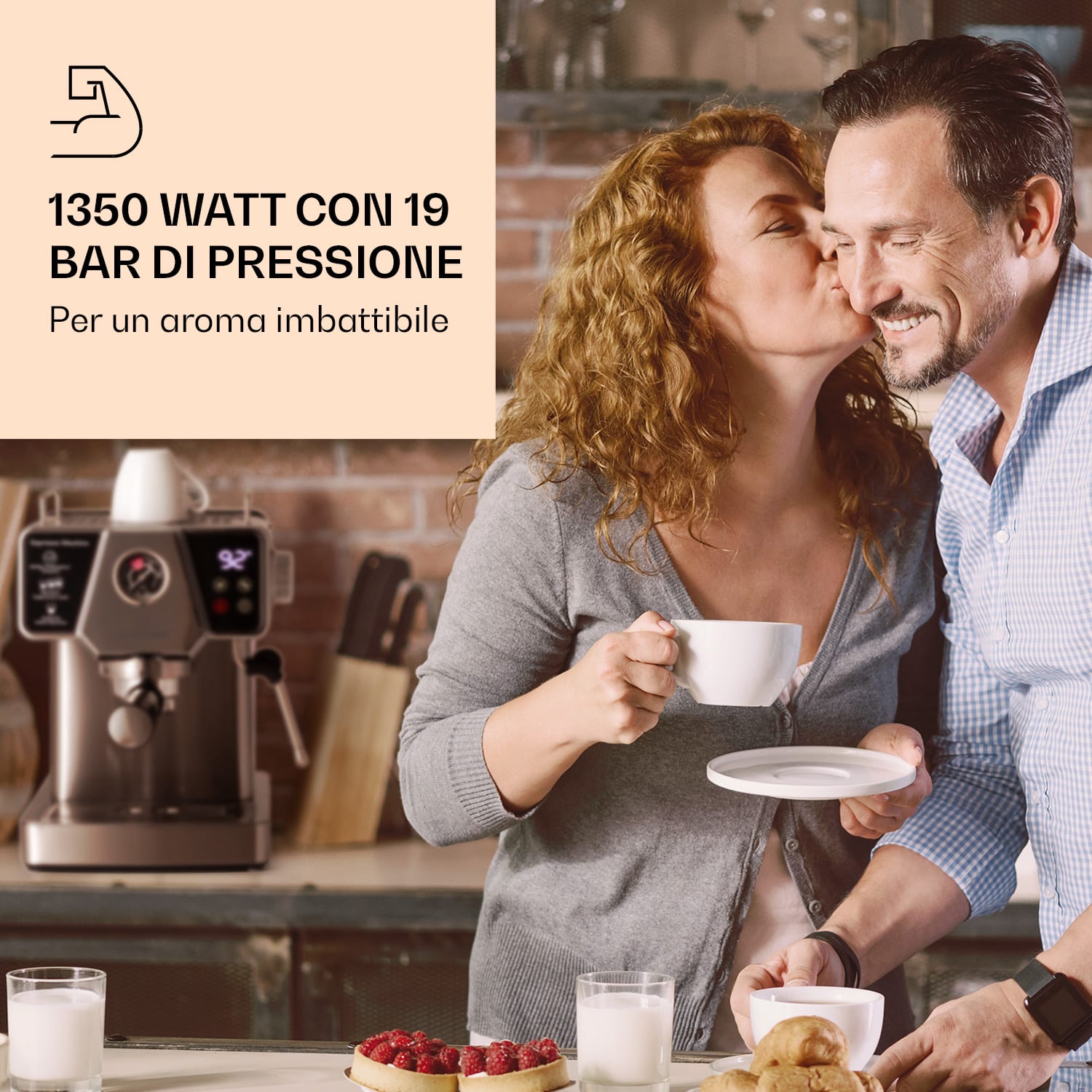 Libeica - Macchina del caffè, 19 bar, circa 10 tazze, 1,8 litri, ugello per montare il latte libeica | Argento metallizzato