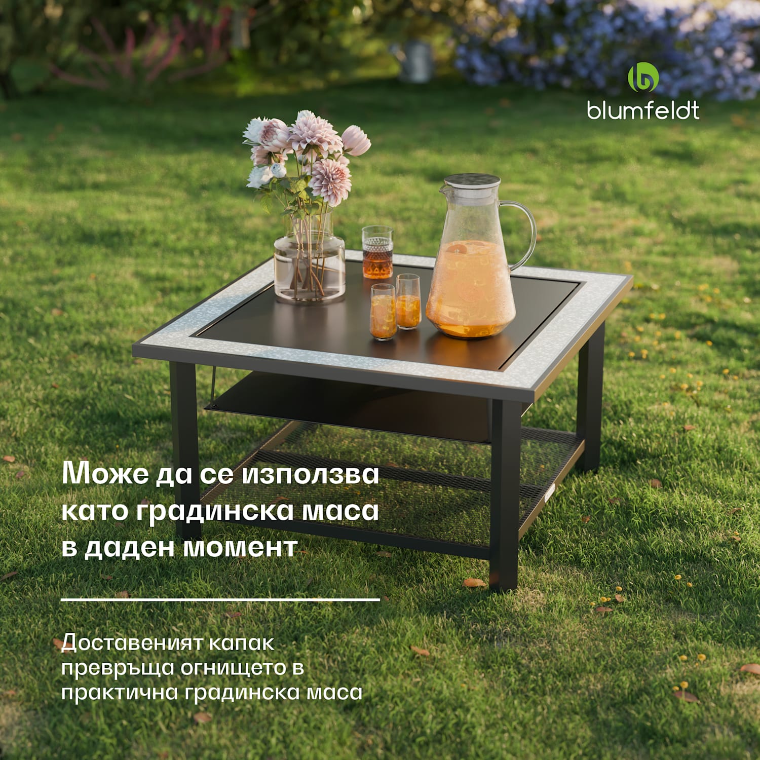 Merano Avanzato 3 в 1, огнище с функция грил, може да се използва като маса, 87 x 87 cm 