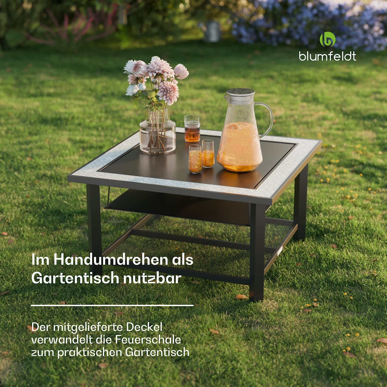 Merano Avanzato 3-in-1-Feuerschale mit Grillfunktion als Tisch nutzbar 87 x 87 cm  Quadrat | Steingrau