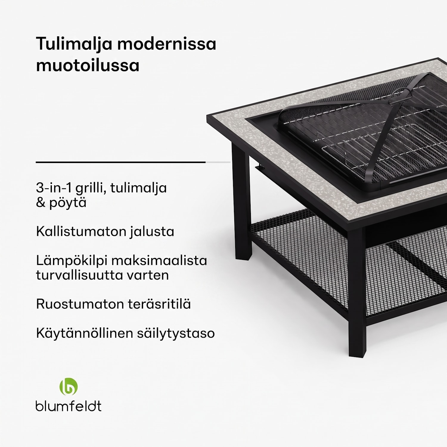 Merano Avanzato 3 in 1 -tulimalja grillitoiminnolla, käytettävissä pöytänä 87 x 87 cm Neliö | Harmaa Kivi