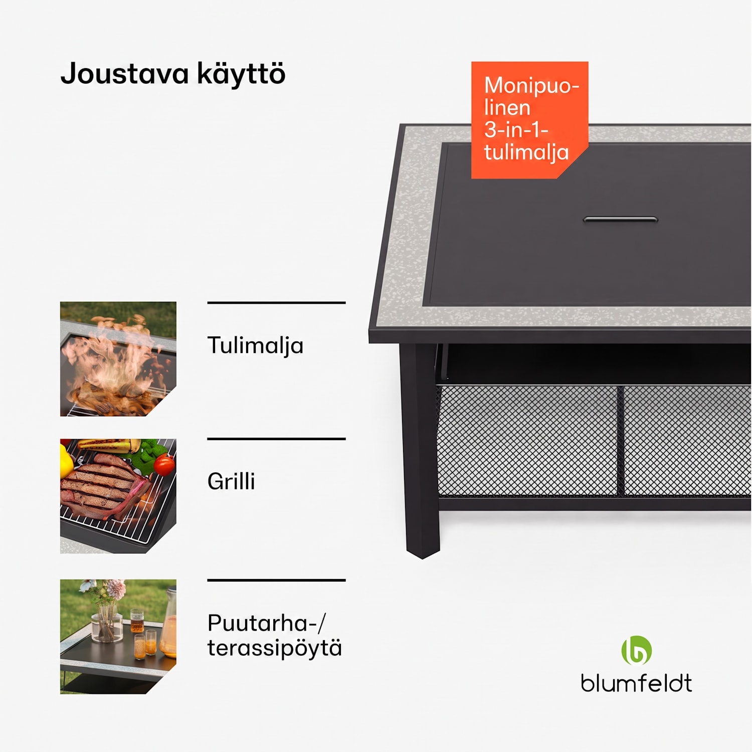 Merano Avanzato 3 in 1 -tulimalja grillitoiminnolla, käytettävissä pöytänä 87 x 87 cm Neliö | Harmaa Kivi