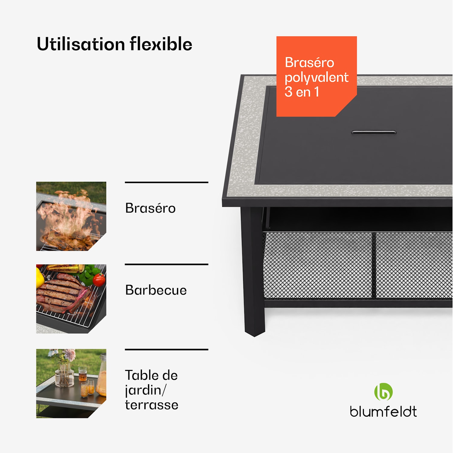 Merano Avanzato brasero 3 en 1 avec fonction barbecue utilisable comme table 87 x 87 cm Un carré | Pierre Grise