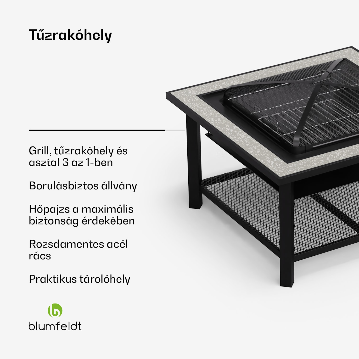 Merano Avanzato 3 az 1-ben, tűzrakóhely grill funkcióval, asztalként is használható, 87 x 87 cm Egy négyzet | Szürke kő