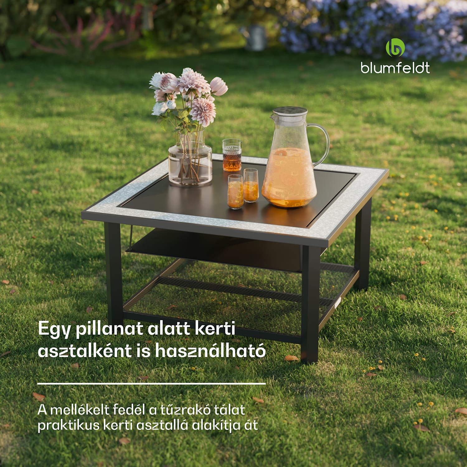 Merano Avanzato 3 az 1-ben, tűzrakóhely grill funkcióval, asztalként is használható, 87 x 87 cm Egy négyzet | Szürke kő