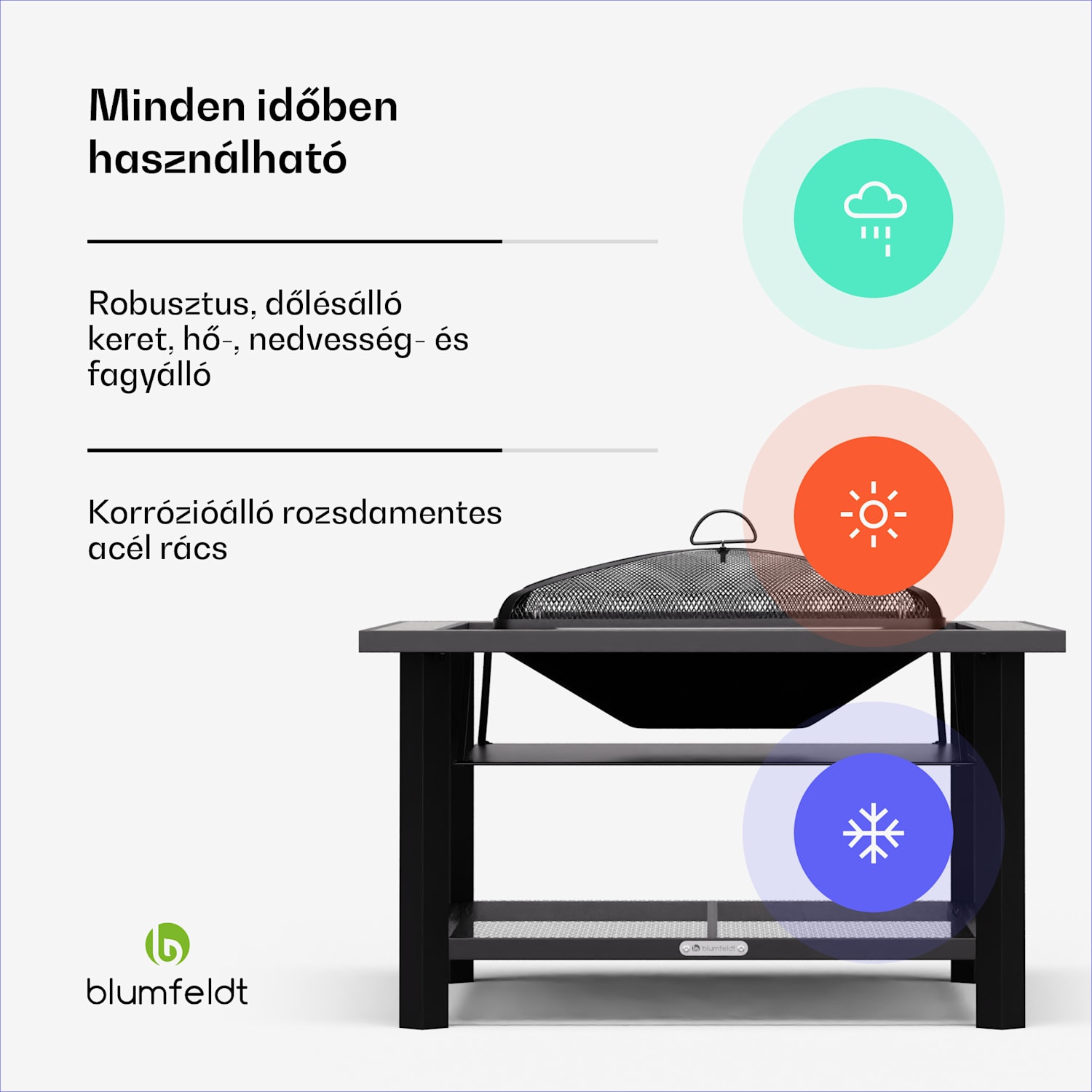 Merano Avanzato 3 az 1-ben, tűzrakóhely grill funkcióval, asztalként is használható, 87 x 87 cm Egy négyzet | Szürke kő