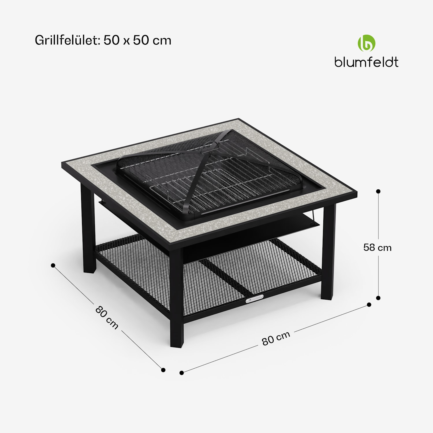 Merano Avanzato 3 az 1-ben, tűzrakóhely grill funkcióval, asztalként is használható, 87 x 87 cm Egy négyzet | Szürke kő