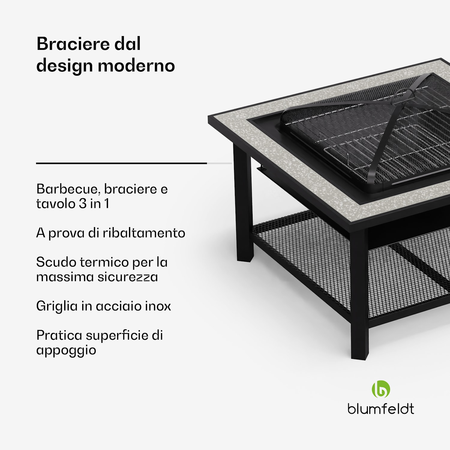 Merano Avanzato - Braciere 3 in 1 con funzione grill, utilizzabile come tavolo, 87 x 87 cm 
