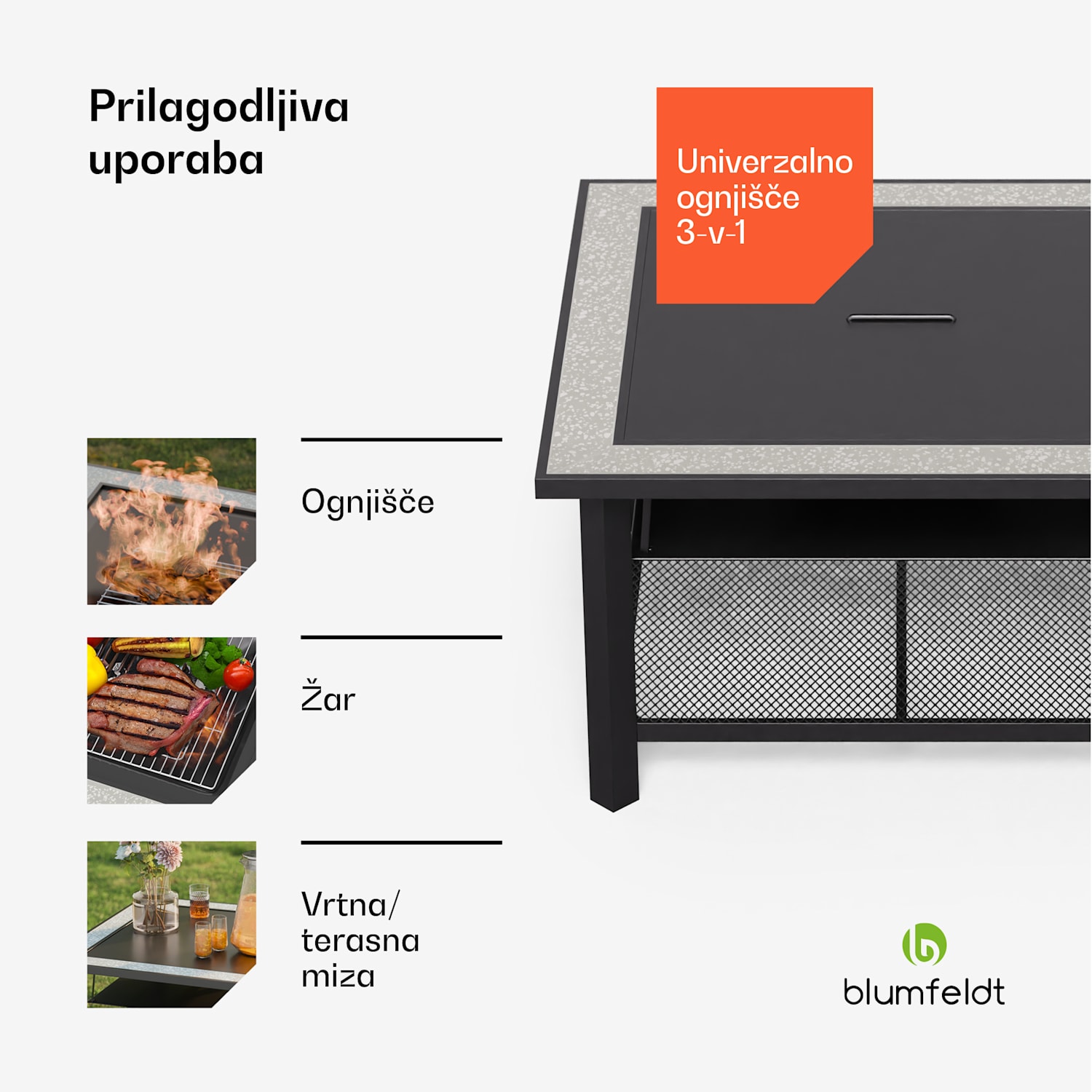 Merano Avanzato 3 v 1, ognjišče s funkcijo žara, ki se lahko uporablja kot miza kvadrat | Rjavi kamen