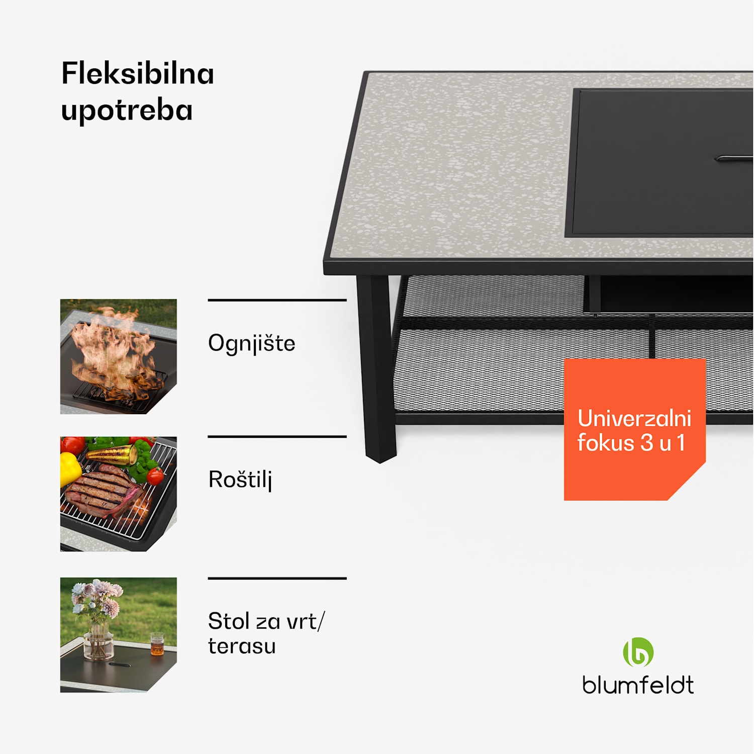 Merano Avanzato L, 3 u 1 ložište s funkcijom roštilja, može se koristiti kao stol, 122 x 87 cm Pravokutnik | Smeđi kamen