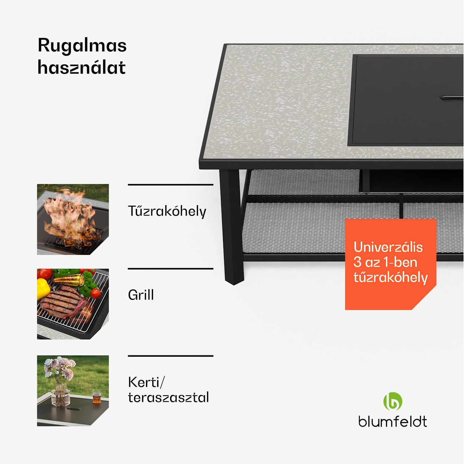 Merano Avanzato L, 3 az 1-ben tűzrakóhely grill funkcióval, használható asztalként, 122 x 87 cm Egy téglalap | Szürke kő