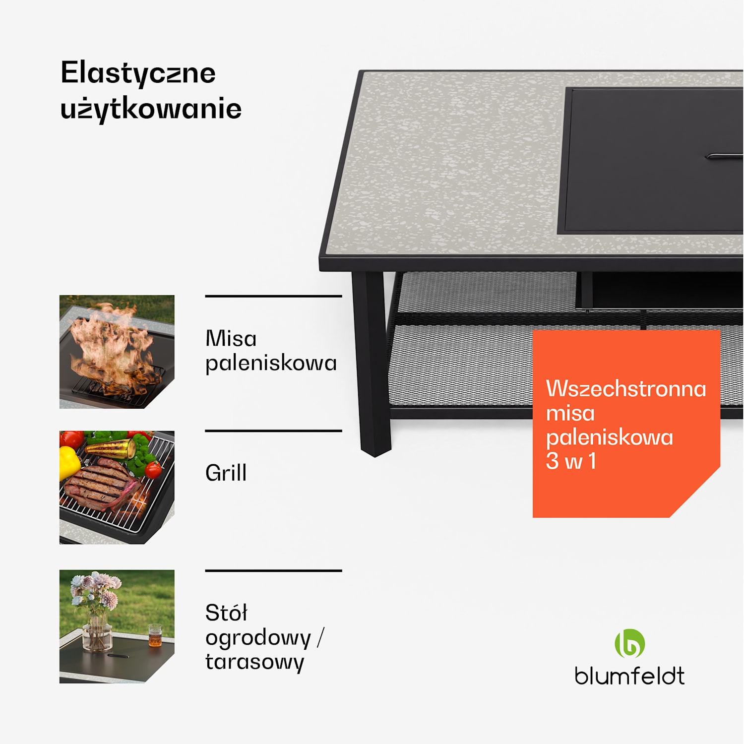 Merano Avanzato L, misa paleniskowa 3 w 1, z funkcją grilla, może być używana jako stół, 122 x 87 cm 