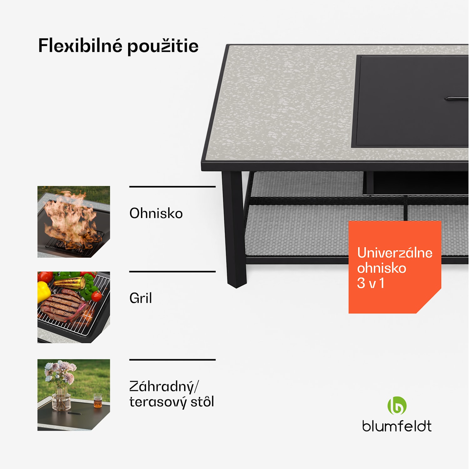 Merano Avanzato L, ohnisko 3 v 1 s funkciou grilu, dá sa použiť ako stôl, 122 x 87 cm 