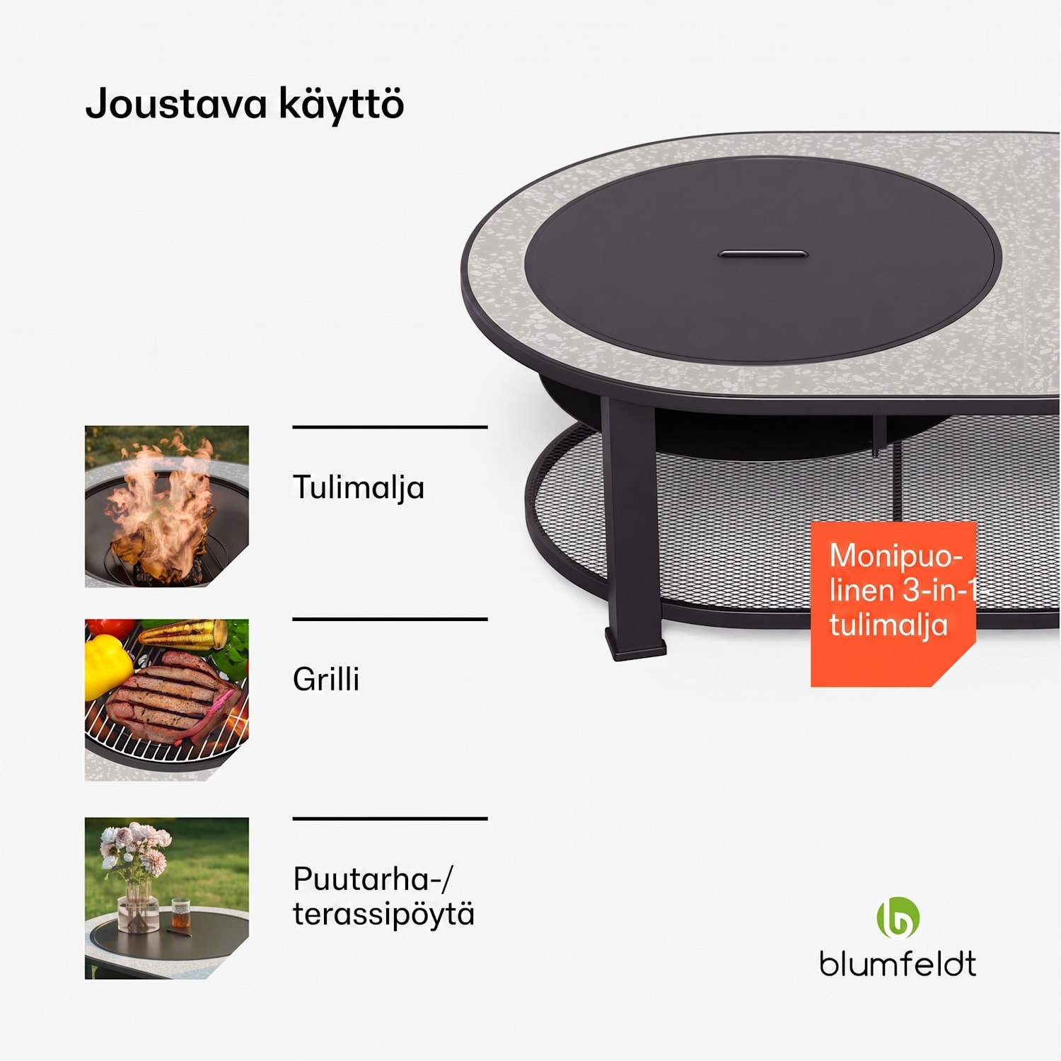 Merano Circolo L 3 in 1 -tulimalja grillitoiminnolla, käytettävissä pöytänä 122 x 87 cm Elliptinen | Harmaa Kivi