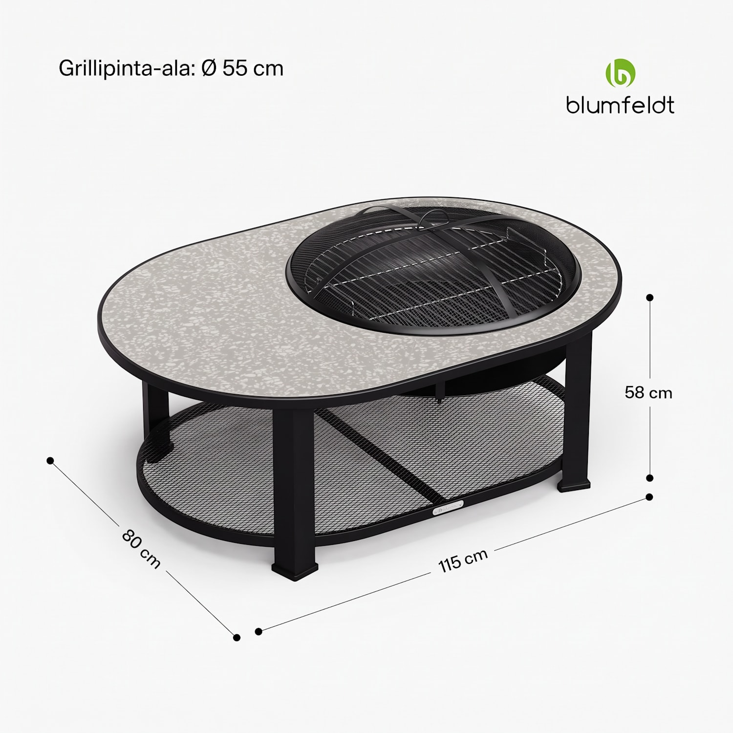 Merano Circolo L 3 in 1 -tulimalja grillitoiminnolla, käytettävissä pöytänä 122 x 87 cm Elliptinen | Harmaa Kivi