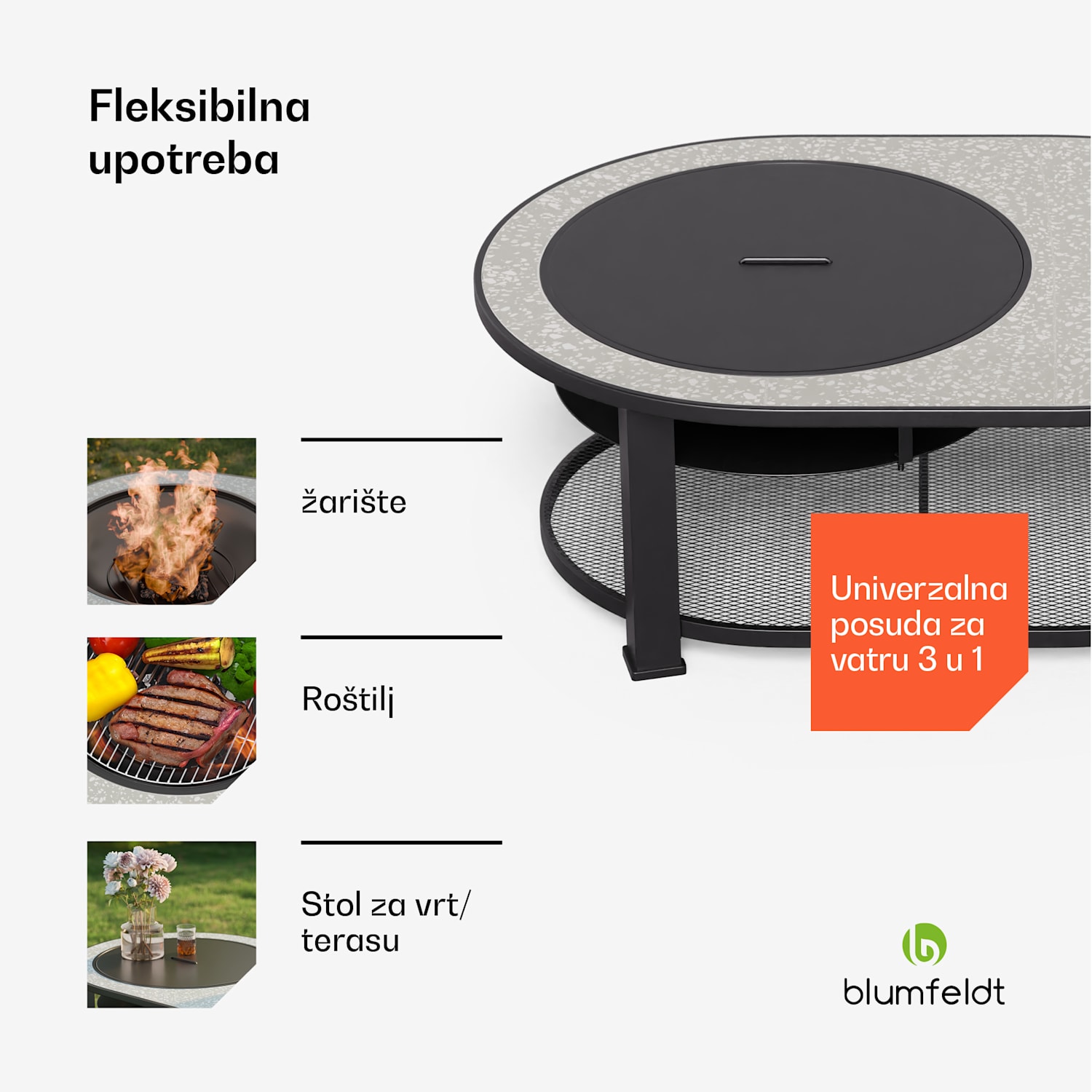 Merano Avanzato 3 u 1, ložište s funkcijom roštilja, može se koristiti kao stol, 87 x 87 cm 