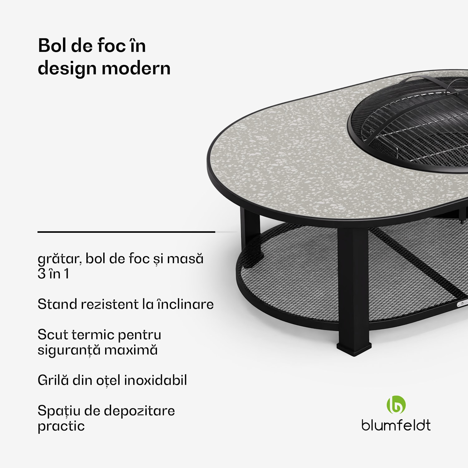 Merano Circolo L, șemineu 3 în 1,cu funcție grill, poate fi folosit ca masă Eliptic | Piatră gri