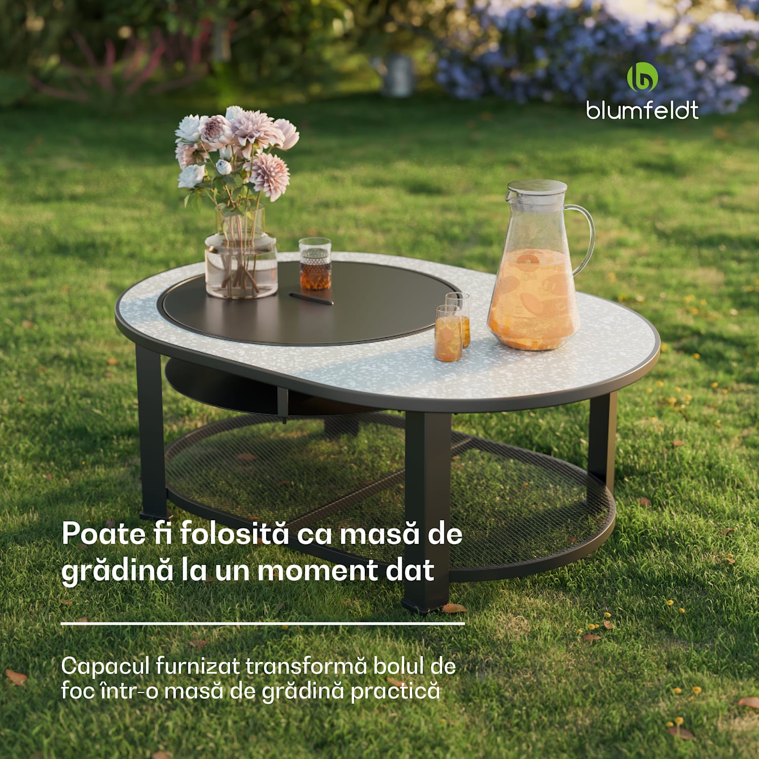 Merano Circolo L, șemineu 3 în 1,cu funcție grill, poate fi folosit ca masă Eliptic | Piatră gri