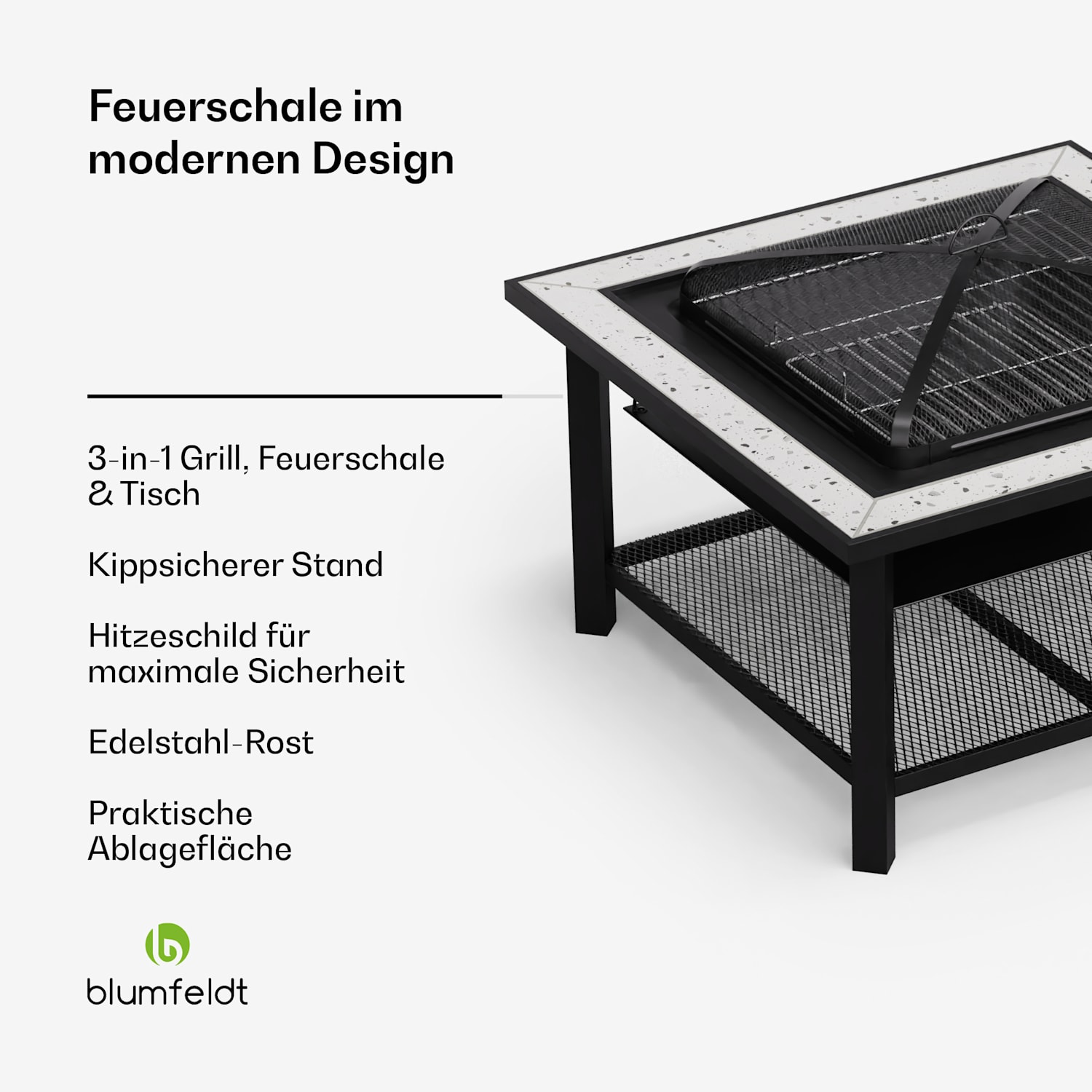 Merano Avanzato 3-in-1-Feuerschale mit Grillfunktion als Tisch nutzbar 87 x 87 cm  Quadrat | Hellgrau
