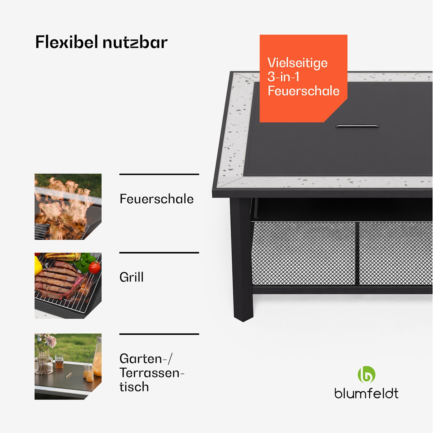 Merano Avanzato 3-in-1-Feuerschale mit Grillfunktion als Tisch nutzbar 87 x 87 cm  Quadrat | Hellgrau