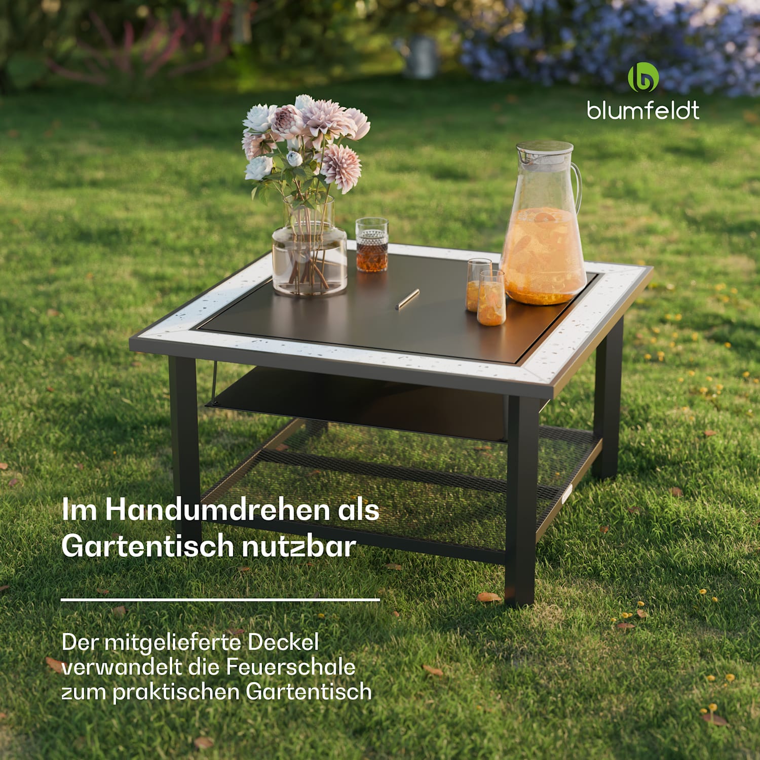 Merano Avanzato 3-in-1-Feuerschale mit Grillfunktion als Tisch nutzbar 87 x 87 cm  Quadrat | Hellgrau