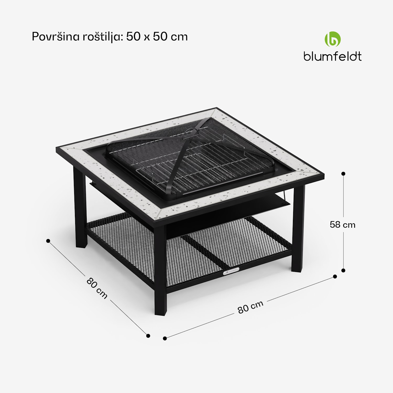 Merano Avanzato 3 u 1, ložište s funkcijom roštilja, može se koristiti kao stol, 87 x 87 cm Kvadrat | Svijetlo siva