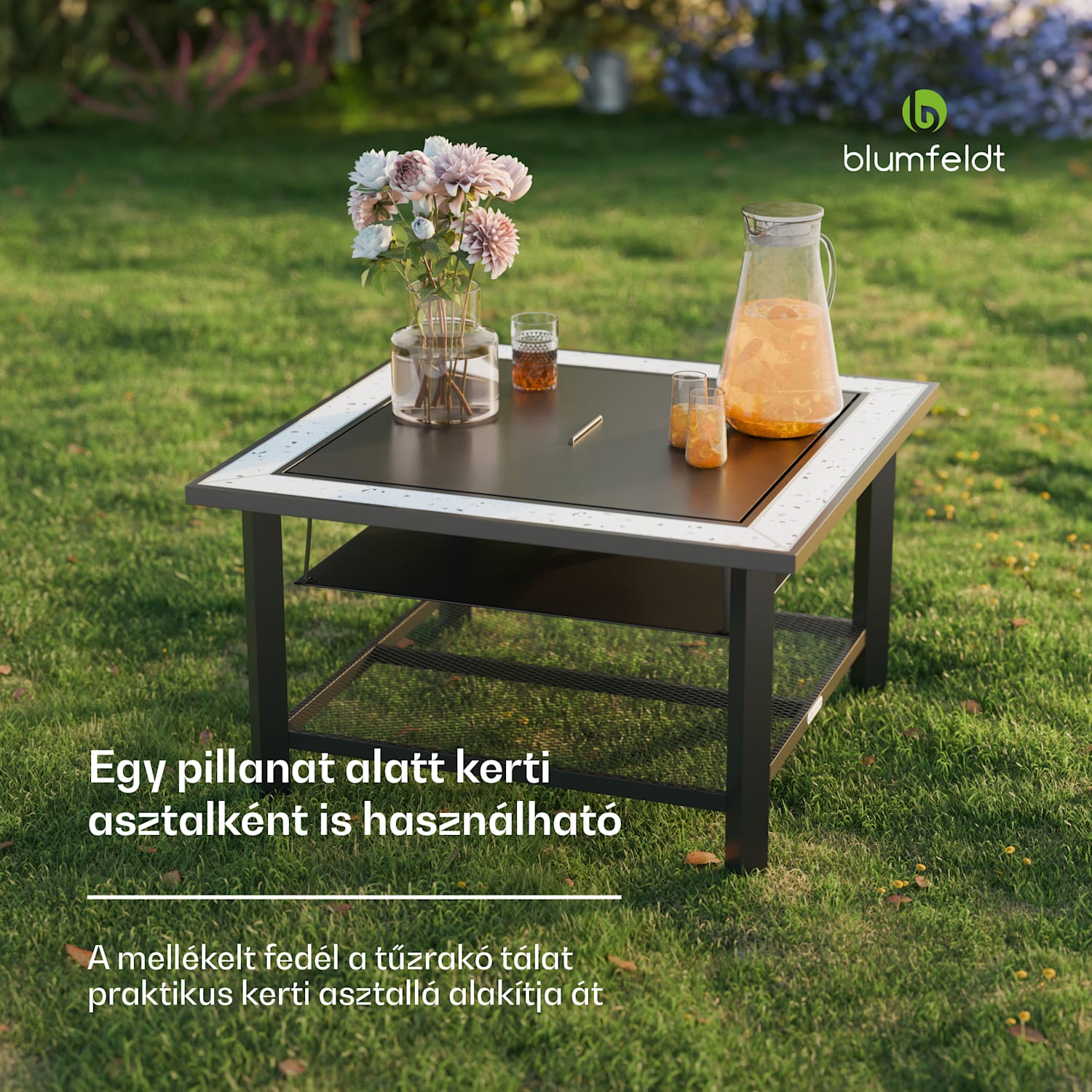 Merano Avanzato 3 az 1-ben, tűzrakóhely grill funkcióval, asztalként is használható, 87 x 87 cm Egy négyzet | Világosszürke