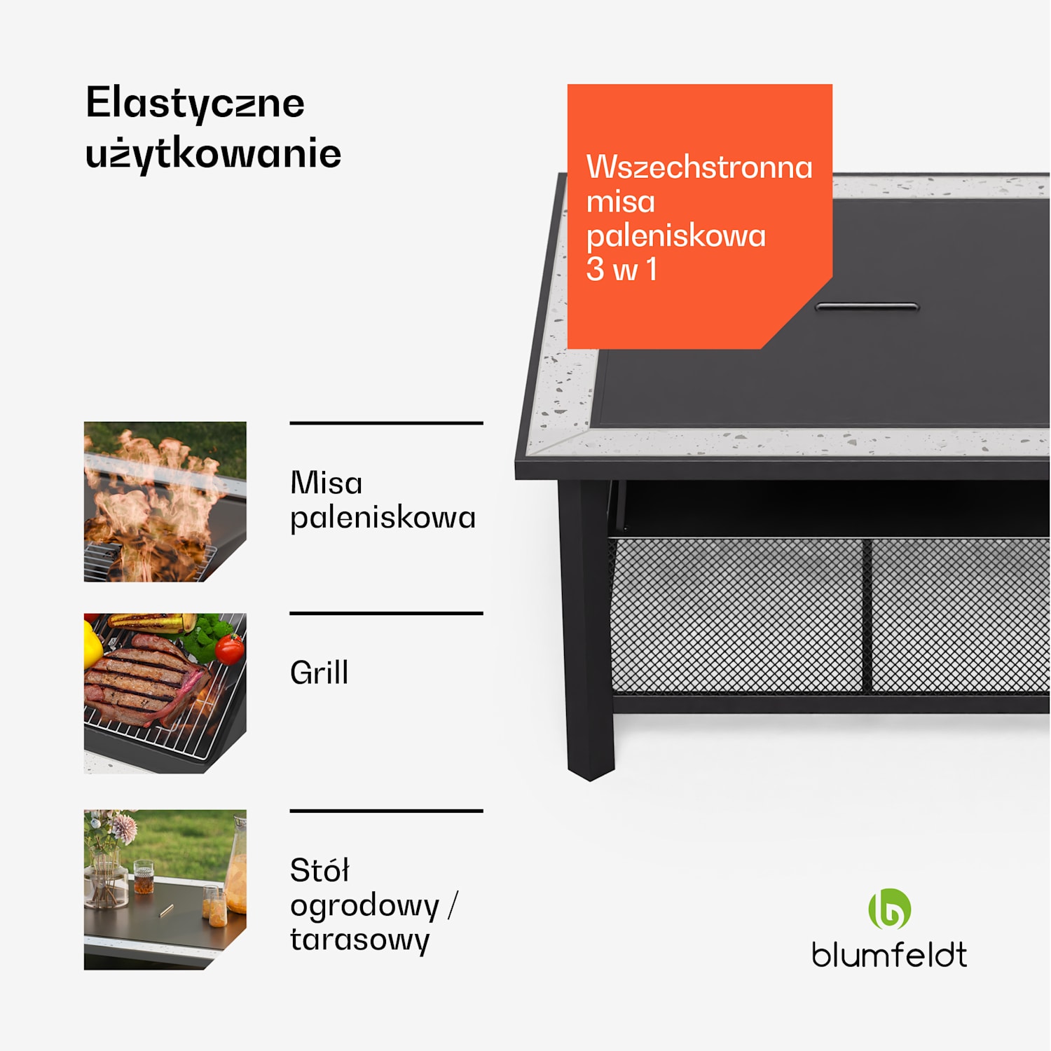 Merano Avanzato, misa paleniskowa 3 w 1, z funkcją grilla, może być używana jako stół, 87 x 87 cm Kwadrat | Jasnoszary