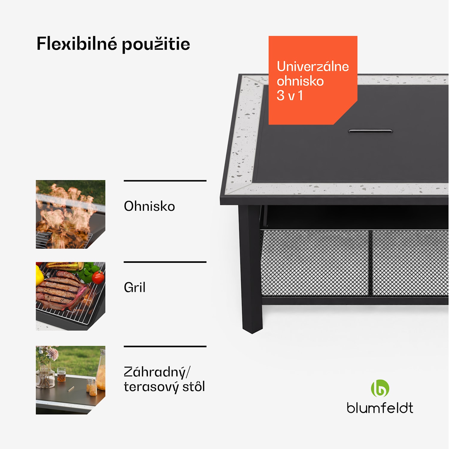 Merano Avanzato 3 v 1, ohnisko s funkciou grilu, dá sa použiť ako stôl, 87 x 87 cm Štvorec | Svetlo šedá